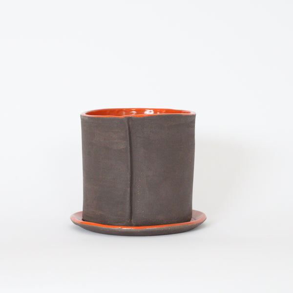 4" Orange & Dark Brown Planter with Tray