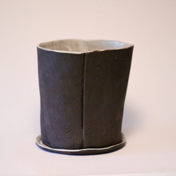 8.5" White Faux Bois Planter with Tray
